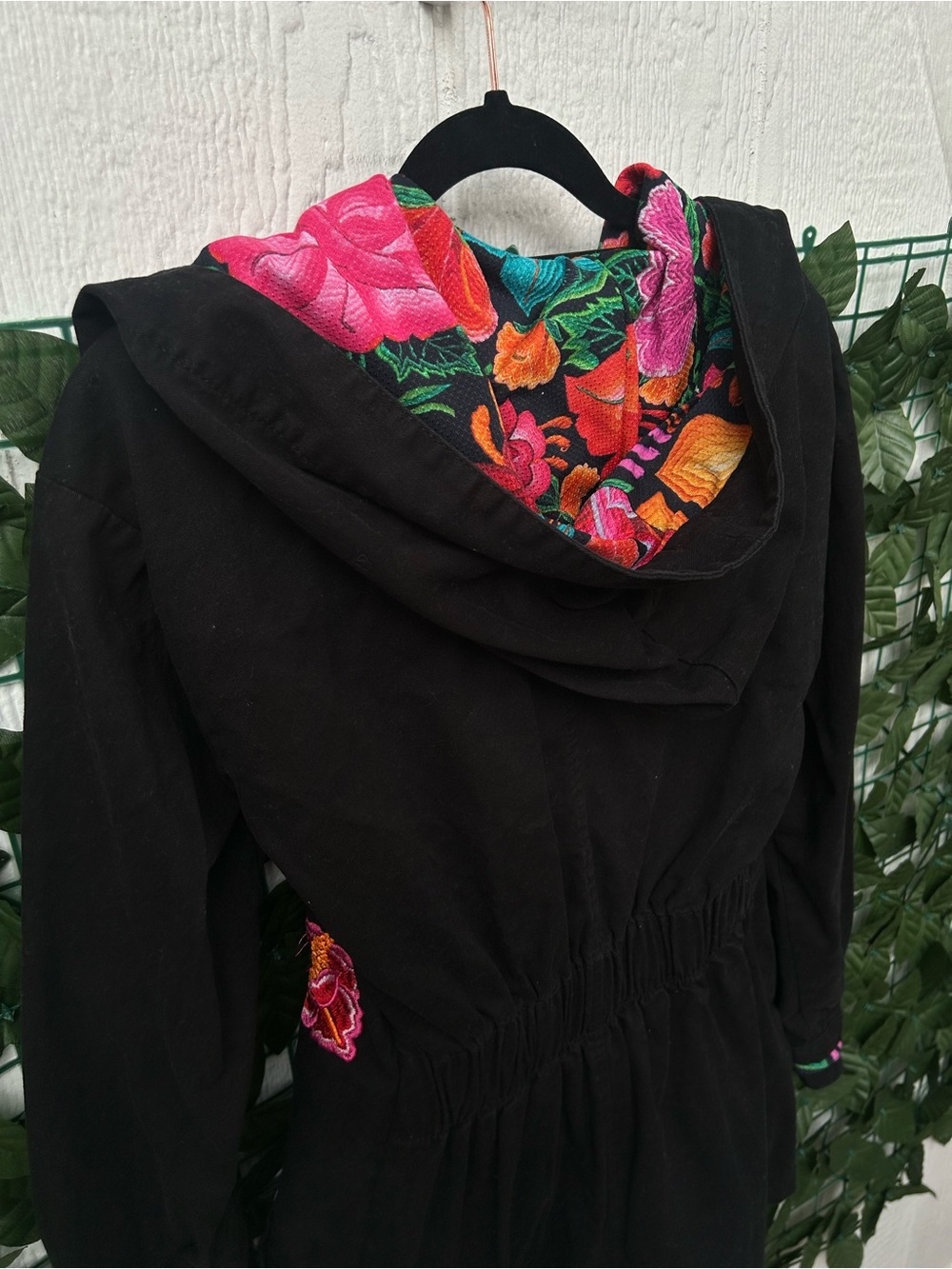 Imported Mexican Embroidered Trench Coat with Floral Hood Lining - Picture 6 of 7